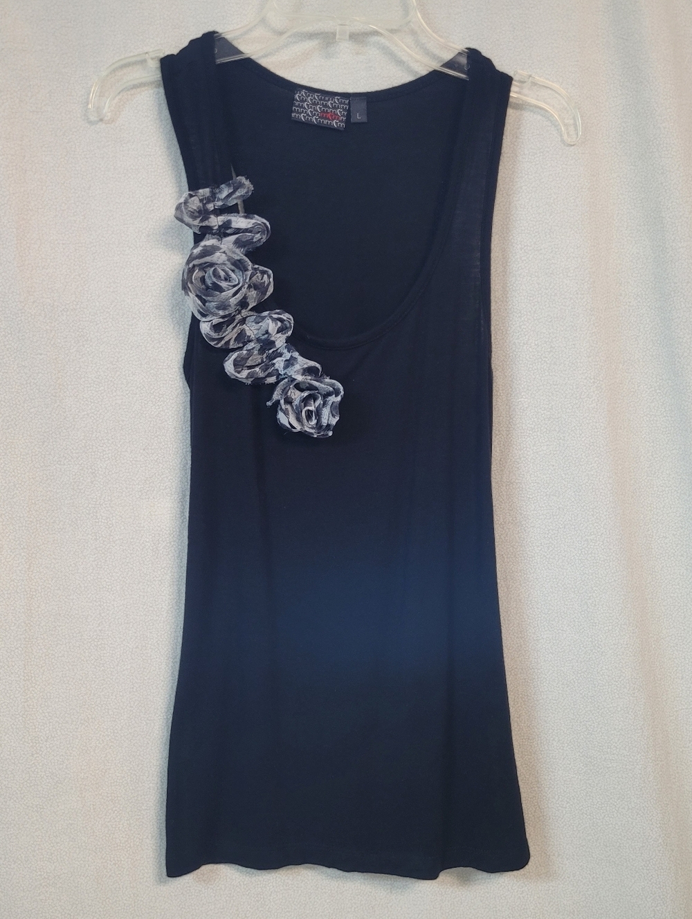 Moa Moa Black Scoop Neck Tank Top w/ Rosette Accent,flowy Summer Whimsigoth Sz L